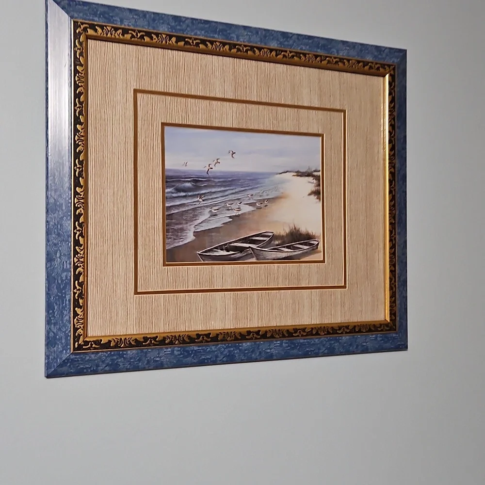 Vintage Elegant Coastal Framed Art with Blue and Gold Accents